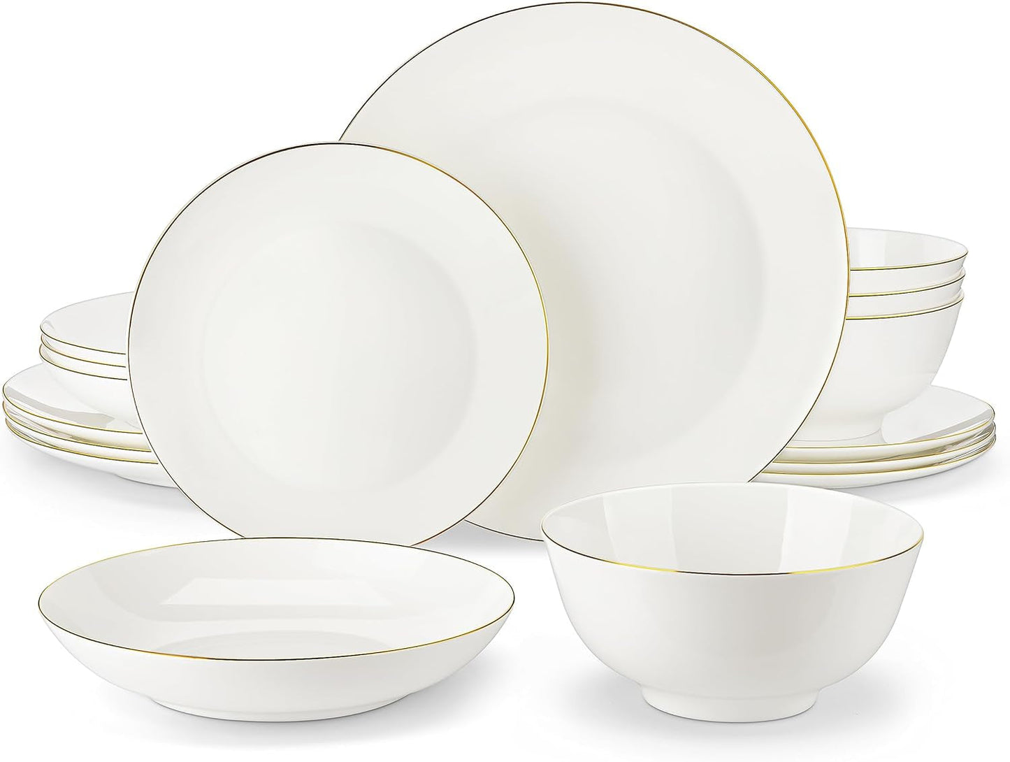 MALACASA 4-personers servisset Bone China 16-delat servisset runt vitt med guldkant Kombinationsset med 4 middagstallrikar 4 desserttallrikar 4 sumatallrikar och 4 spannmålsskålar NORI-serien
