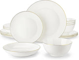MALACASA 4-personers servisset Bone China 16-delat servisset runt vitt med guldkant Kombinationsset med 4 middagstallrikar 4 desserttallrikar 4 sumatallrikar och 4 spannmålsskålar NORI-serien