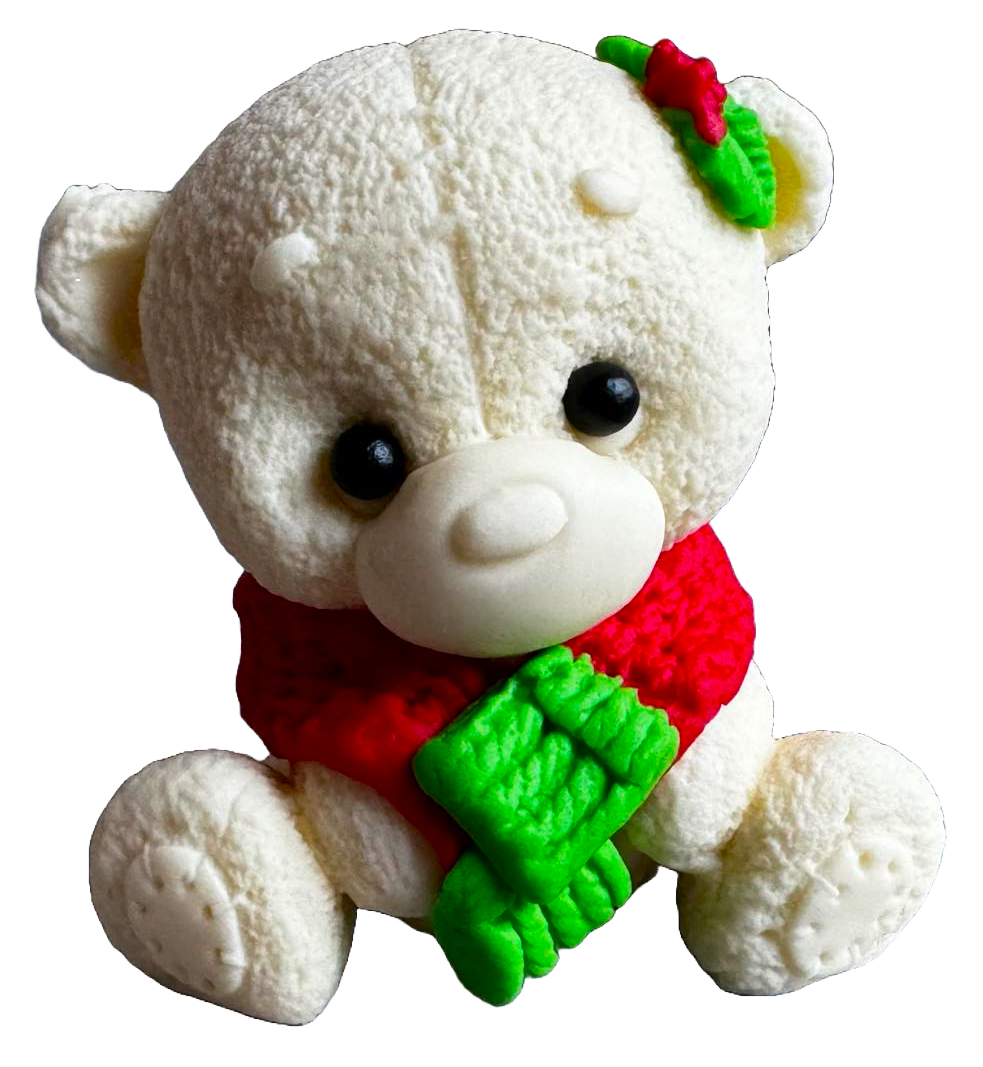 Ätlig dekoration från sugarpaste, Vit nalle med grön och röd halsduk Dekorationer från Sugar Paste Naty Shop