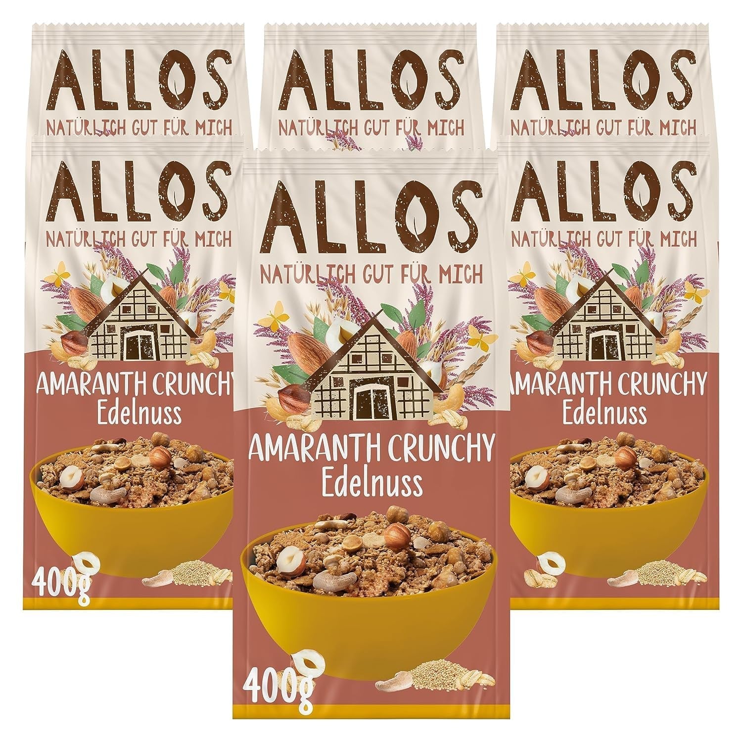 Premium krispig müsli med valnötter och amaranth Allos | Ekologisk müsli | Müsli med nötter | Havregryn | Spannmål till frukost | Vegan | Förpackning om 6 (6 x 400 g)