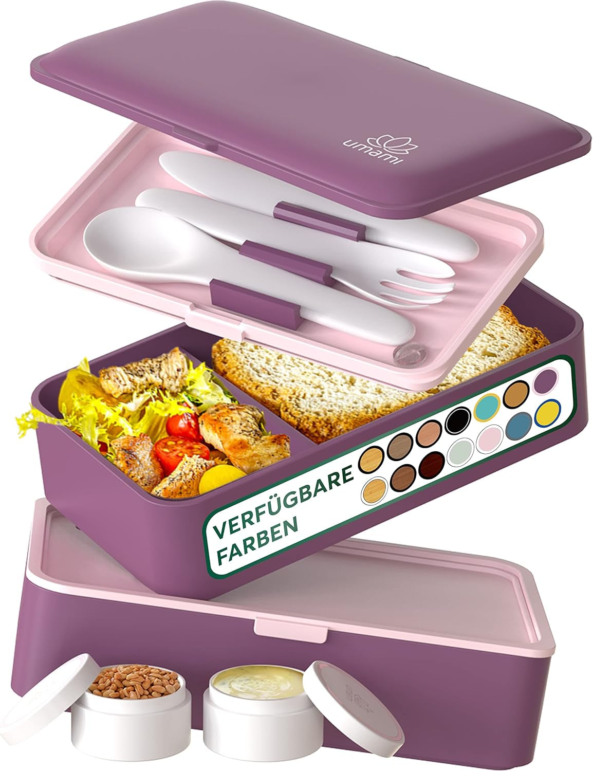 Umami Lunchbox för vuxna, läckagesäker stapelbar Bento-låda med 4 bestick och fack, Vuxen Lunchbox, To-Go-salladsbehållare, Picknick-/kontorslunchlåda, kolgrå, 1500 ml