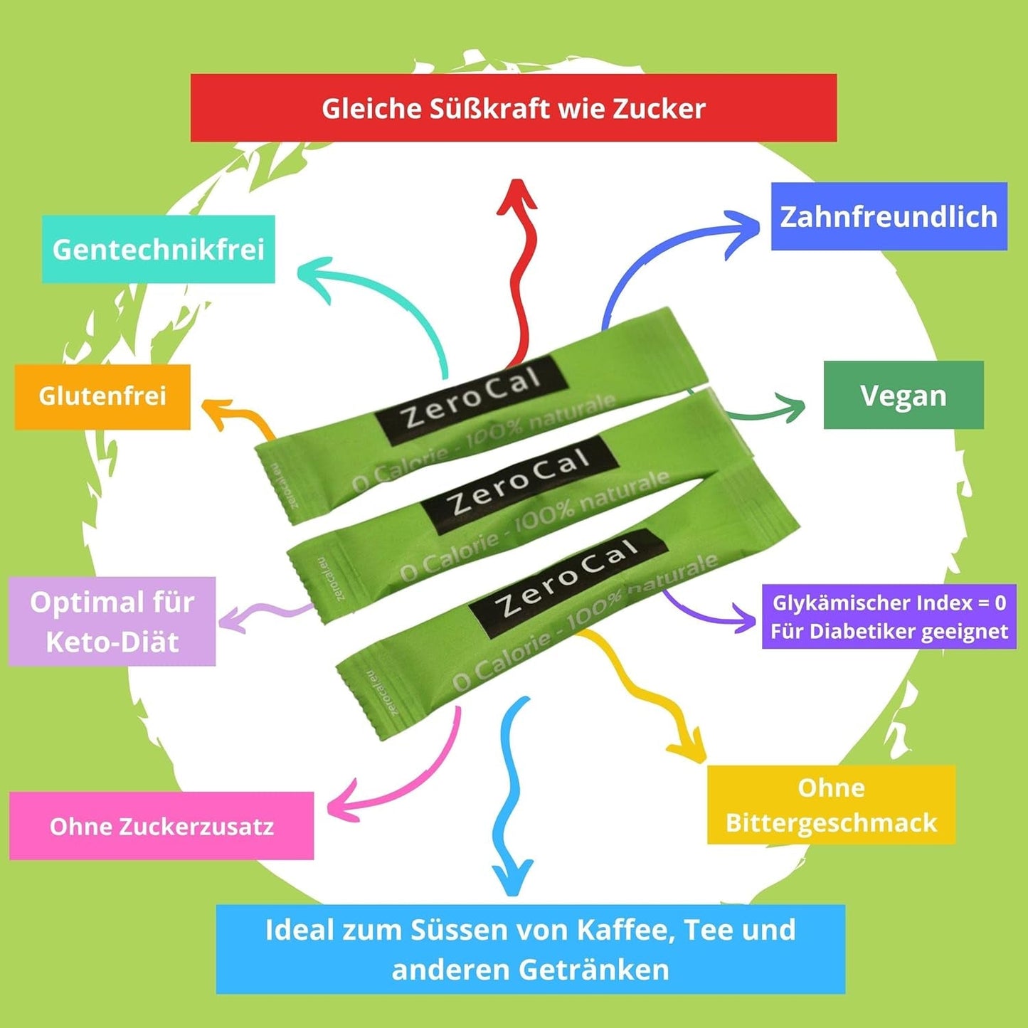 Zerocal - 1:1 (Erythritol + Stevia) 100 Sticks Je 3 G | Idealisk för sötning av kaffe, te och andra drycker Gleiche Süßkraft Von Zucker | Glutenfri, Vegan, GMO-fri | Kalorien Und GI = 0 Sweeteners Naty Shop