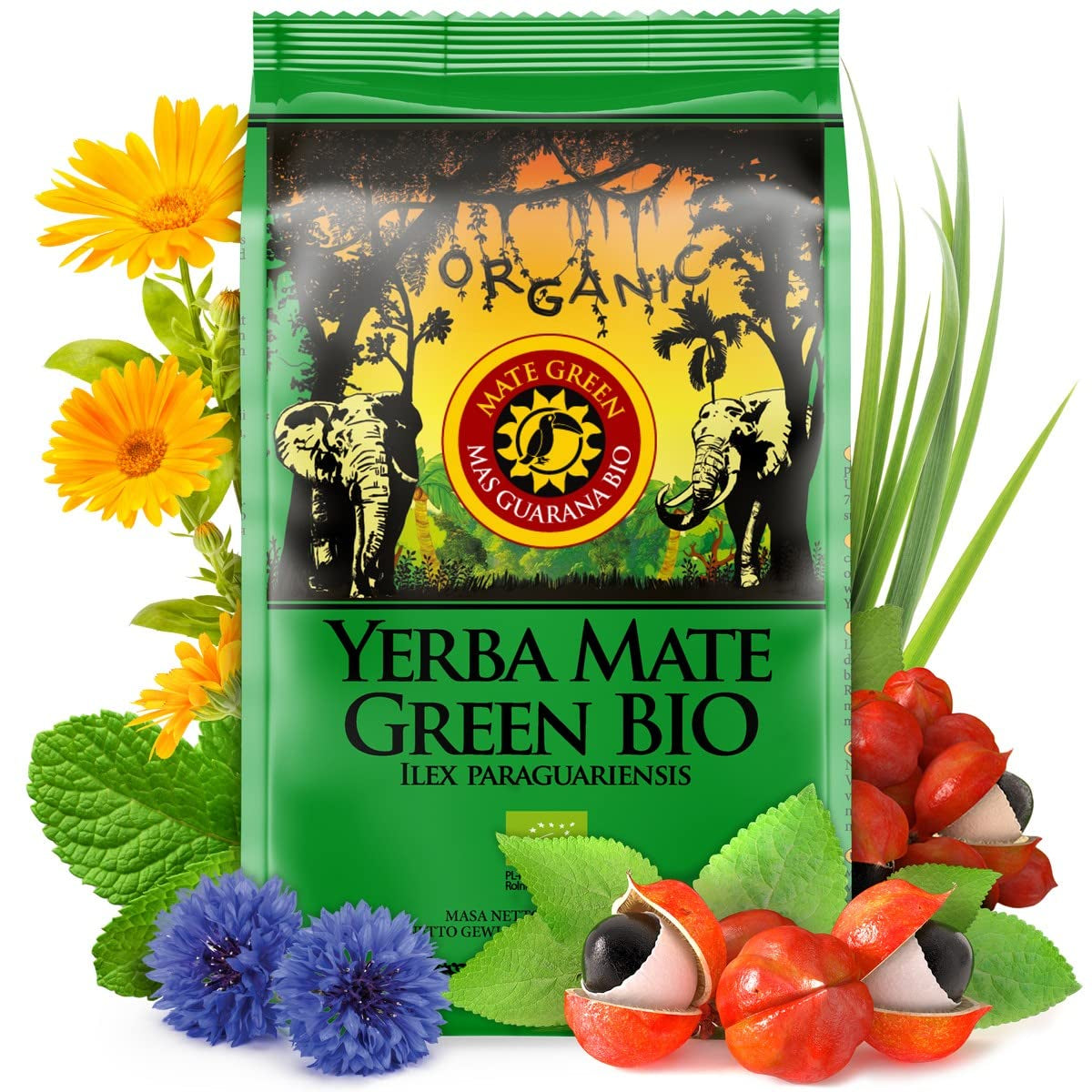 Ekologiskt Mate-te skördat traditionellt, torkat utan rök | Mate Tea Mas Guarana BIO 200G | Organiska blad Bulk | Med guarana, myntablad, citrongräs, blåklintblommor