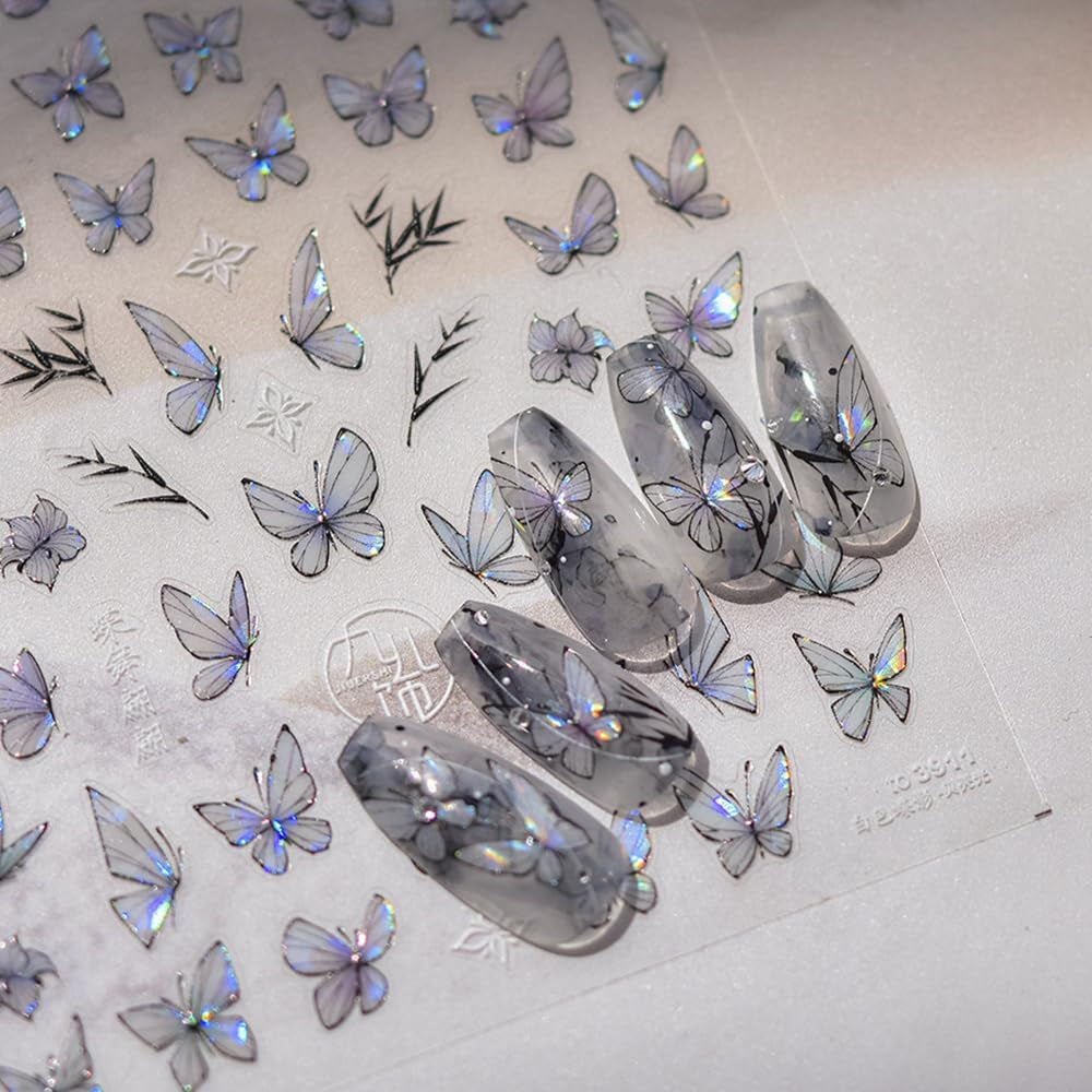 2 Blätter Schmetterling Nagelsticker Selbstklebend,Muschel Glitzer Nail Art Butterfly Nagelsticker Lila Grau Schmetterlinge Nagelaufkleber Relief Laser Butterflies Nagel Sticker Nageldesign Zubehör