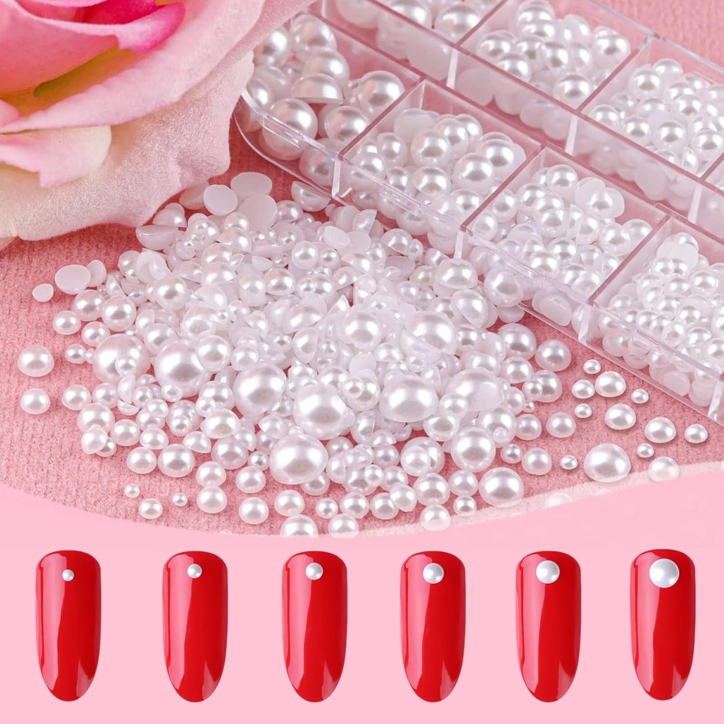 12 Größen Nail Art Perlen, Flache Perlen, Nail Art Accessoires, Halbkreis Nagelperlen, Weiße Nail Charms Und Glitzersteine ​​Nägel Für Nail Art Design, DIY Basteln, Alltag, Hochzeit (2 lådor)