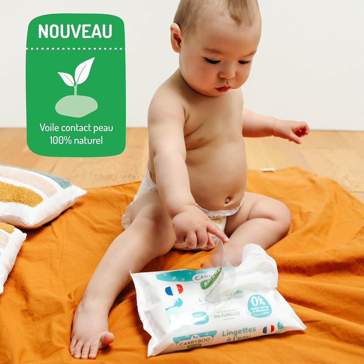 Babyvåtservetter med vatten - parfym- och allergenfria - 9 stycken - normal och känslig hud - rengör och lugnar - 100% naturliga fibrer - tillverkade i Frankrike - 522 våtservetter