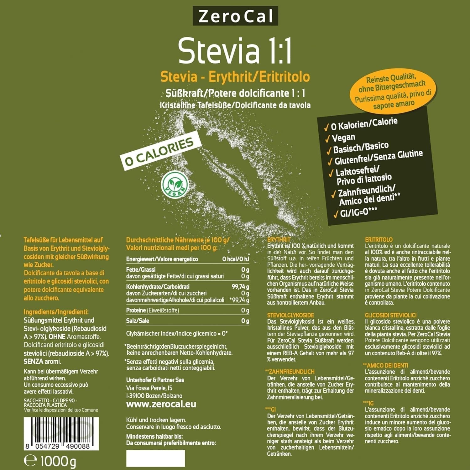 Stevia 1:1 (Erythrit - Stevia) - Natürlicher Zuckerersatzstoff, 1000 G Sweeteners Naty Shop