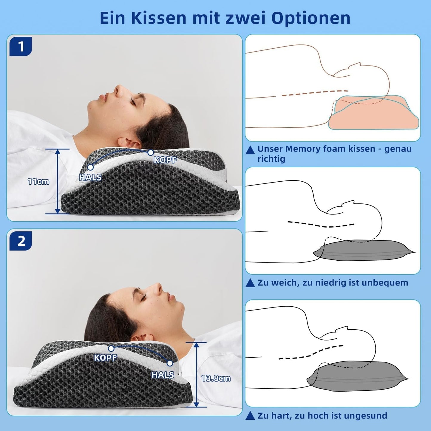 Ortopedisk kudde, ergonomisk nackkudde, huvudkudde, original kudde med memoryskum för sidor, rygg- och magstöd, nackstödskudde för män, kvinnor (67,3 X 38,2 X 13,8/3 cm) Cervikala ortopediska kuddar Naty Shop