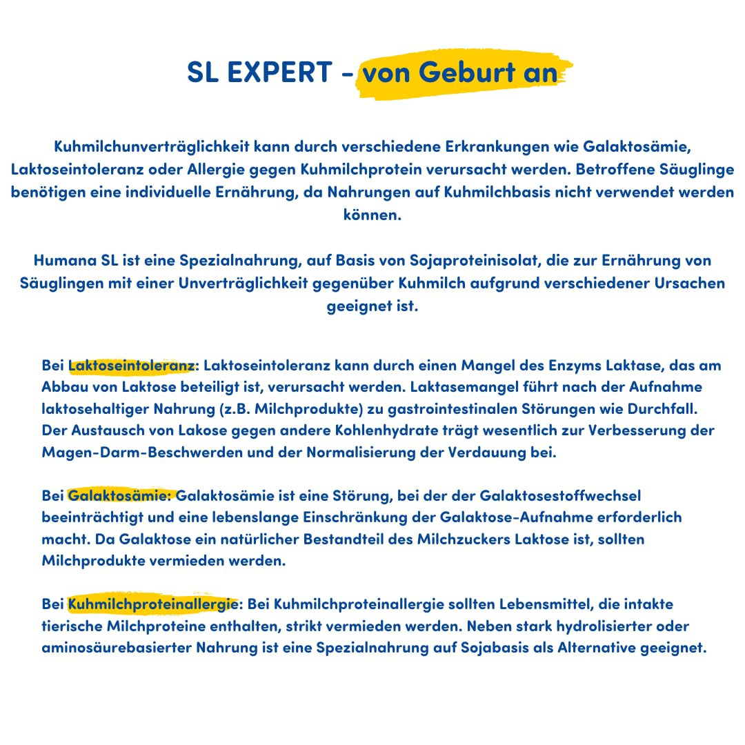 Humana SL Expert, från födseln, specialformel för komjölkintolerans orsakad av laktosintolerans, galaktosemi eller komjölksproteinallergi, för spädbarn och småbarn, 600g