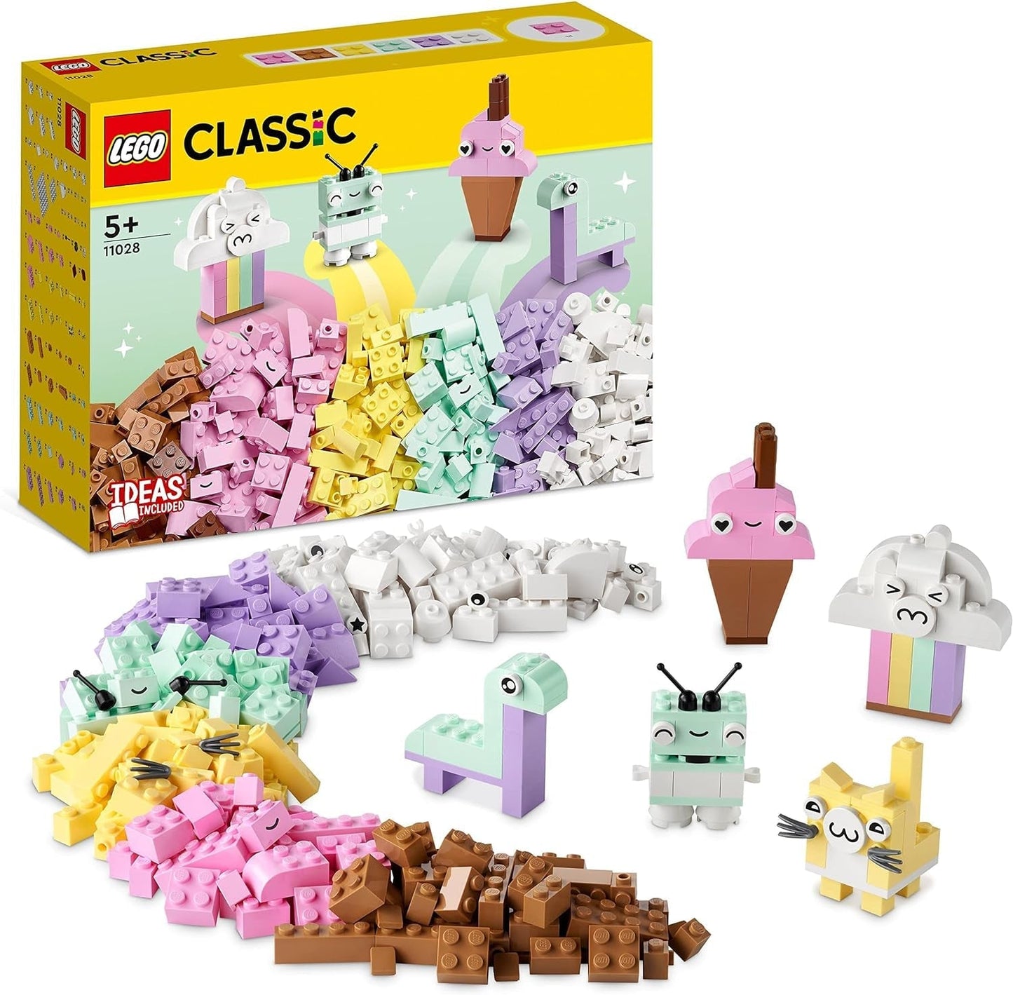 LEGO 11028 Classic Pastell Creative Building Set Tegellåda, byggleksak för flickor och pojkar i åldrarna 5+ med modeller; glass, dinosaurie, katt med mera Byggset Besuche den LEGO-Store Single