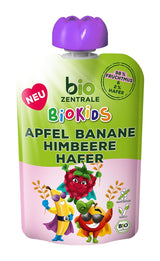 biocentral BioKids Fruktpuré Äpple Banan Hallon Havre | 12 x 90g | Fruktigt mellanmål utan tillsatt socker | Vegansk