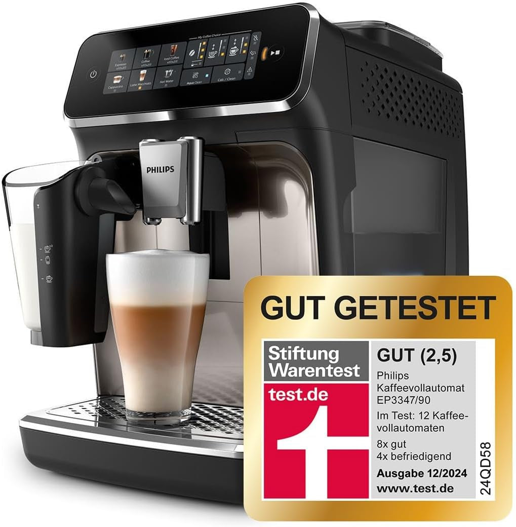 PHILIPS automatisk espressomaskin 3300-serien - 6 drycker, modern färgpekskärm, LatteGo mjölkberedningssystem, SilentBrew, 100% keramisk kvarn, AquaClean-filter. Svart krom (EP3347/90)