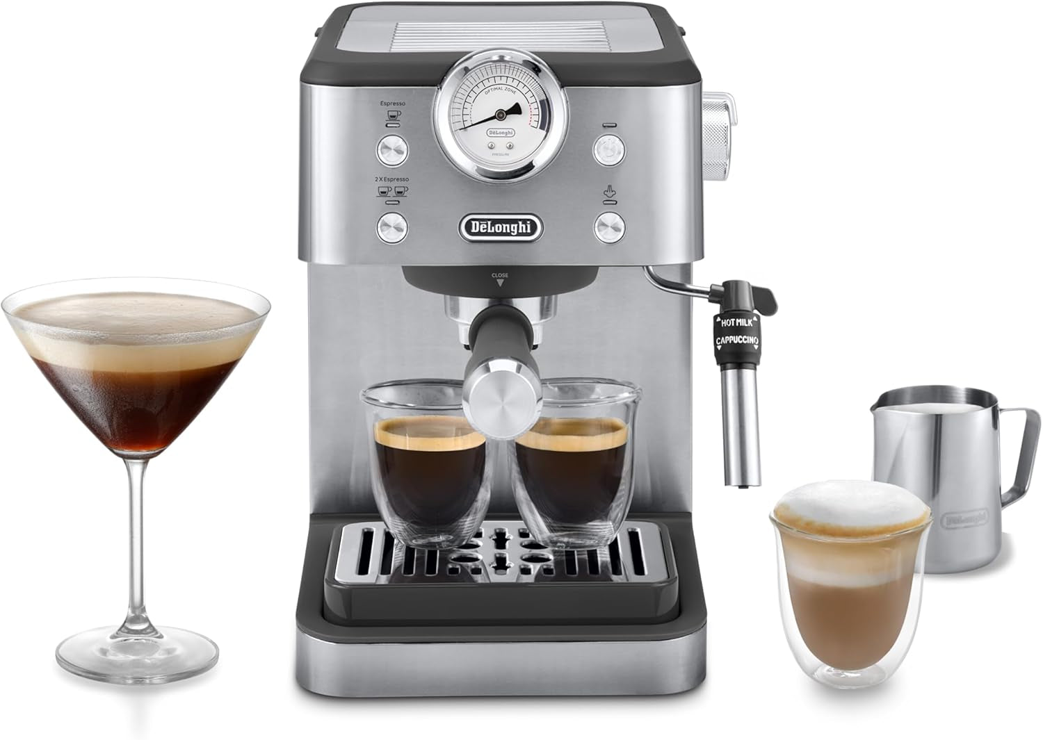 De'Longhi Classic EM450.M portafilter espressomaskin med professionell mjölkskummare, helmetallhölje, 15 bar, 1,7 l vattentank, rostfritt stål/metall