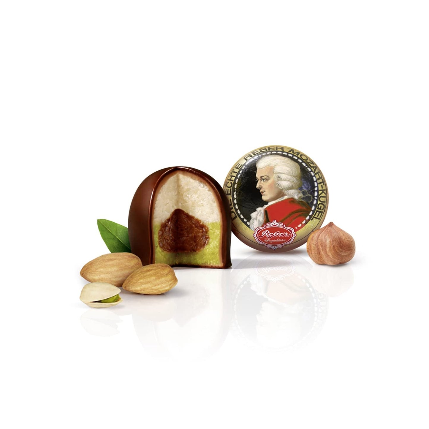 Rebel, Duet Mozart Kugeln, förpackning om 2, mörk choklad Mozartbollar fyllda med pistage och marsipan, mandel och hasselnötsnougat, 40g (2 Mozartkulor)