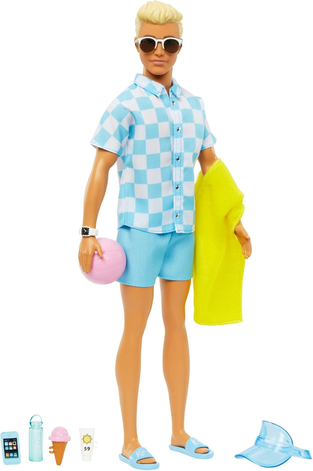 Barbie Ken - Blond docka med blå skjorta och badförkläde, strandtillbehör och badboll för kreativ lek, från 3 år och uppåt, HPL74