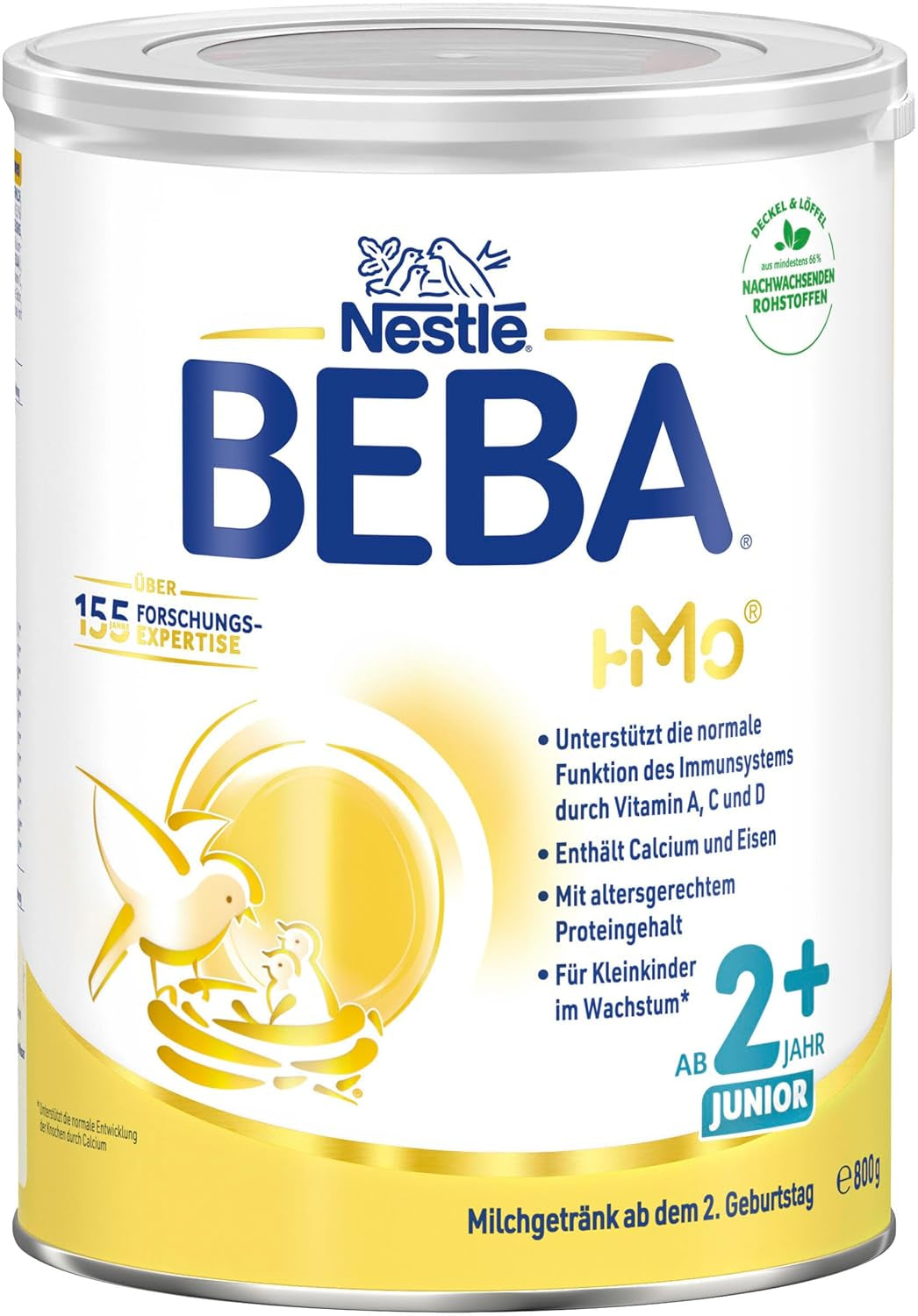 BEBA Junior 2+ mjölkdryck från 2 år, med HMO, åldersanpassat proteininnehåll, endast laktos, ingen palmolja, ingen fiskolja, småbarnsmat, babymjölkpulver, 6 st (6 x 800 g)