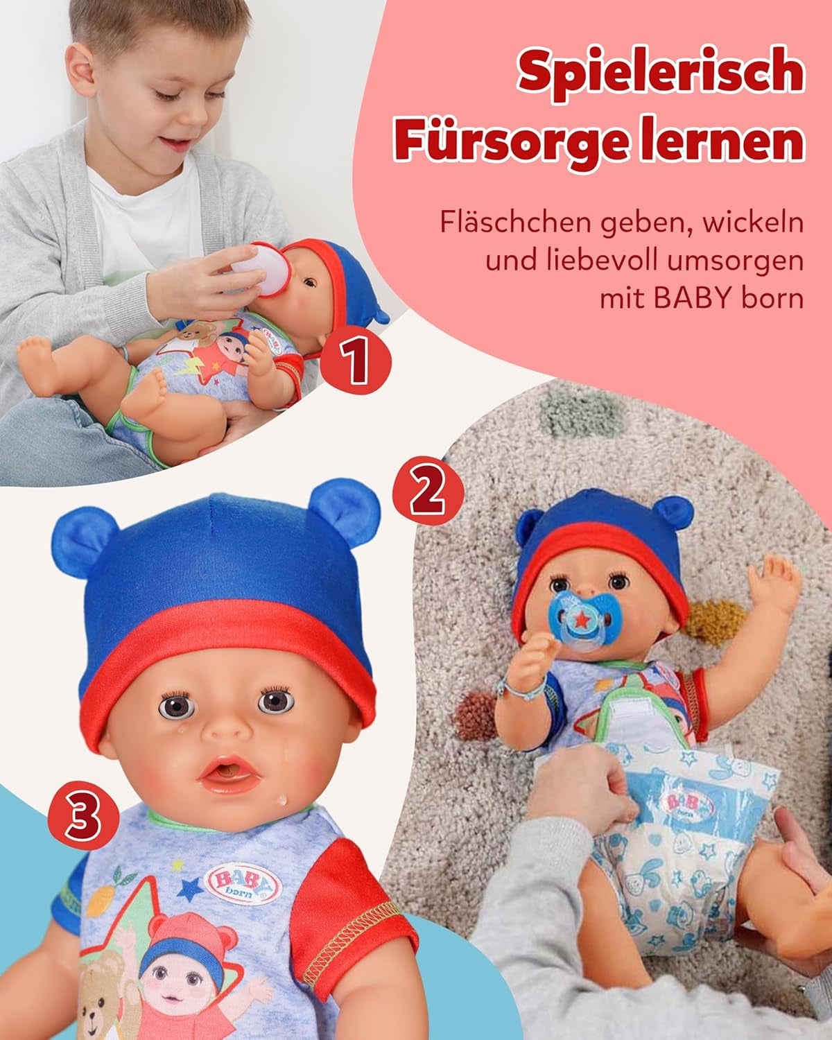 BABY Born Jonas - babydocka 43 cm - 10 funktioner inklusive tillbehör och madrass - Fungerar helt utan batterier - Lämplig för barn från 3 år och uppåt