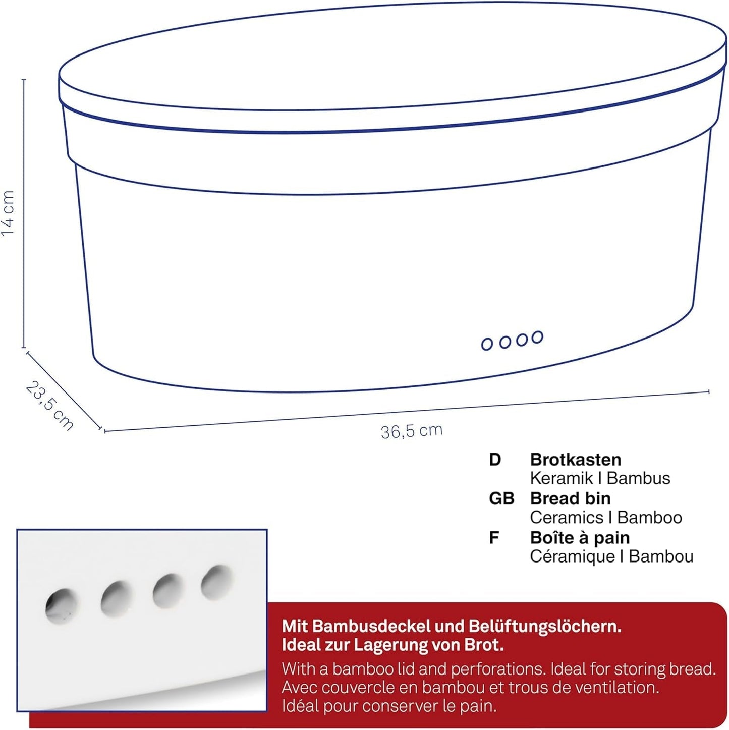 FPA brödlåda med ventilationshål, keramisk brödlåda, SALENA, brödskål, vit, 36,5 x 23,5 x 14 cm Matförvaringslådor Naty Shop