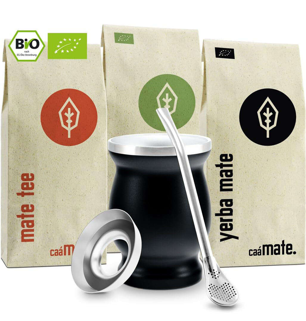 Mate Bio Tea Set ● 3 sortiment av Mate + Dubbelväggig Mate-mugg i rostfritt stål + Bombilla + Brygganvisningar (svart)