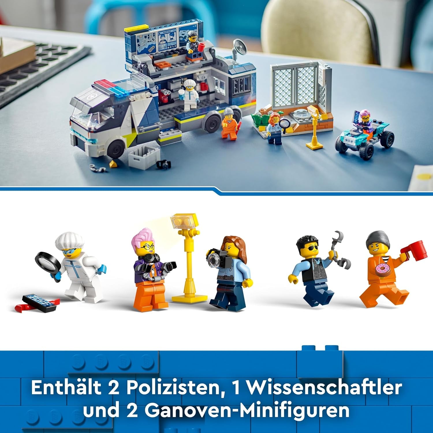 LEGO City polisbil med labb, fyrbäddspolisset och leksaksbil för barn, present till pojkar och flickor från 7 år och uppåt, plus 5 minifigurer - 2 poliser, 1 forskare och 2 skurkar 60418 Byggset Beuche den LEGO-Store