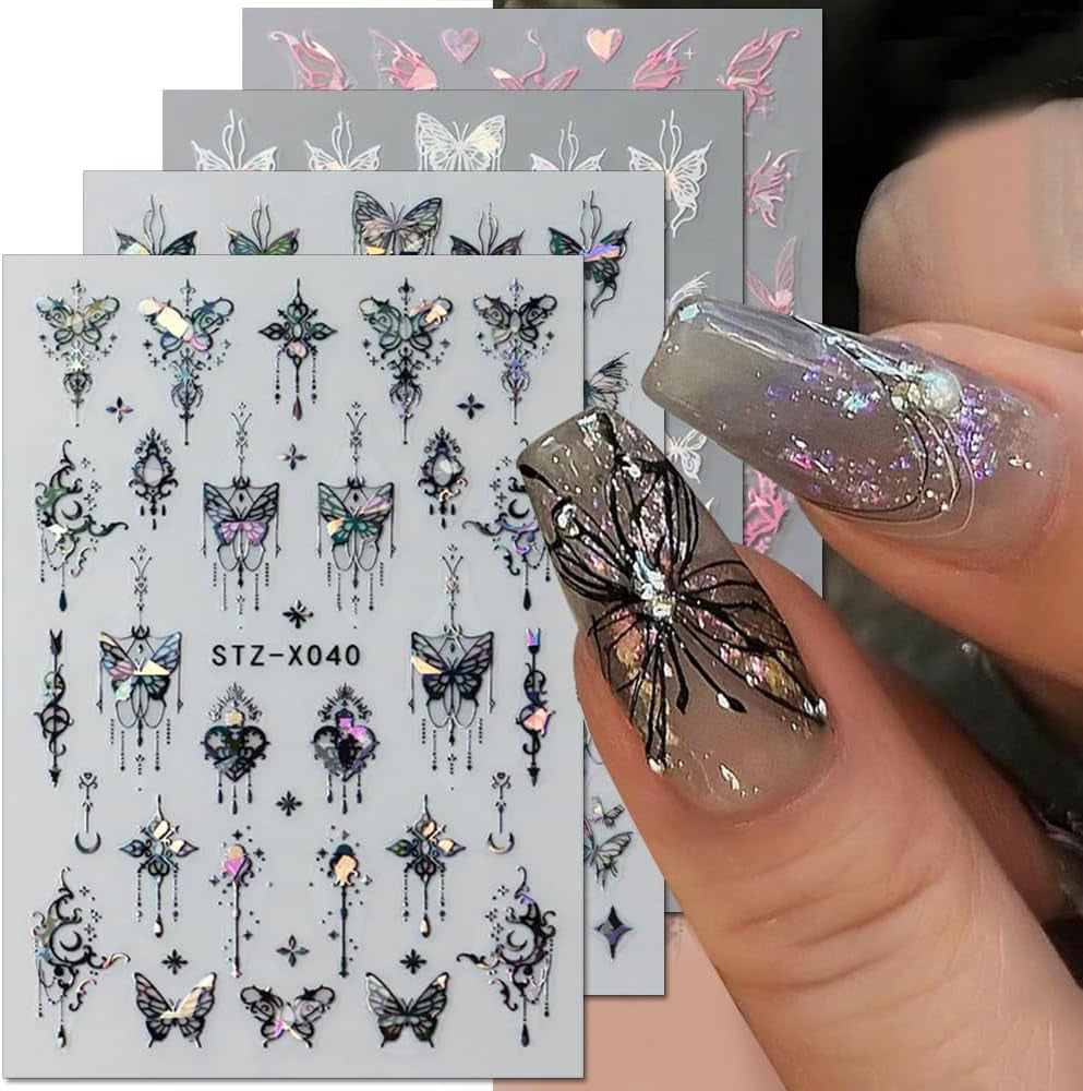 3D Metallic Schwarz Schmetterling Nagelsticker - Laser Pink Aurora Nagelaufkleber - Punk Butterfly Nail Art Stickers - Silver Nagelsticker - Nageldesign Zubehör