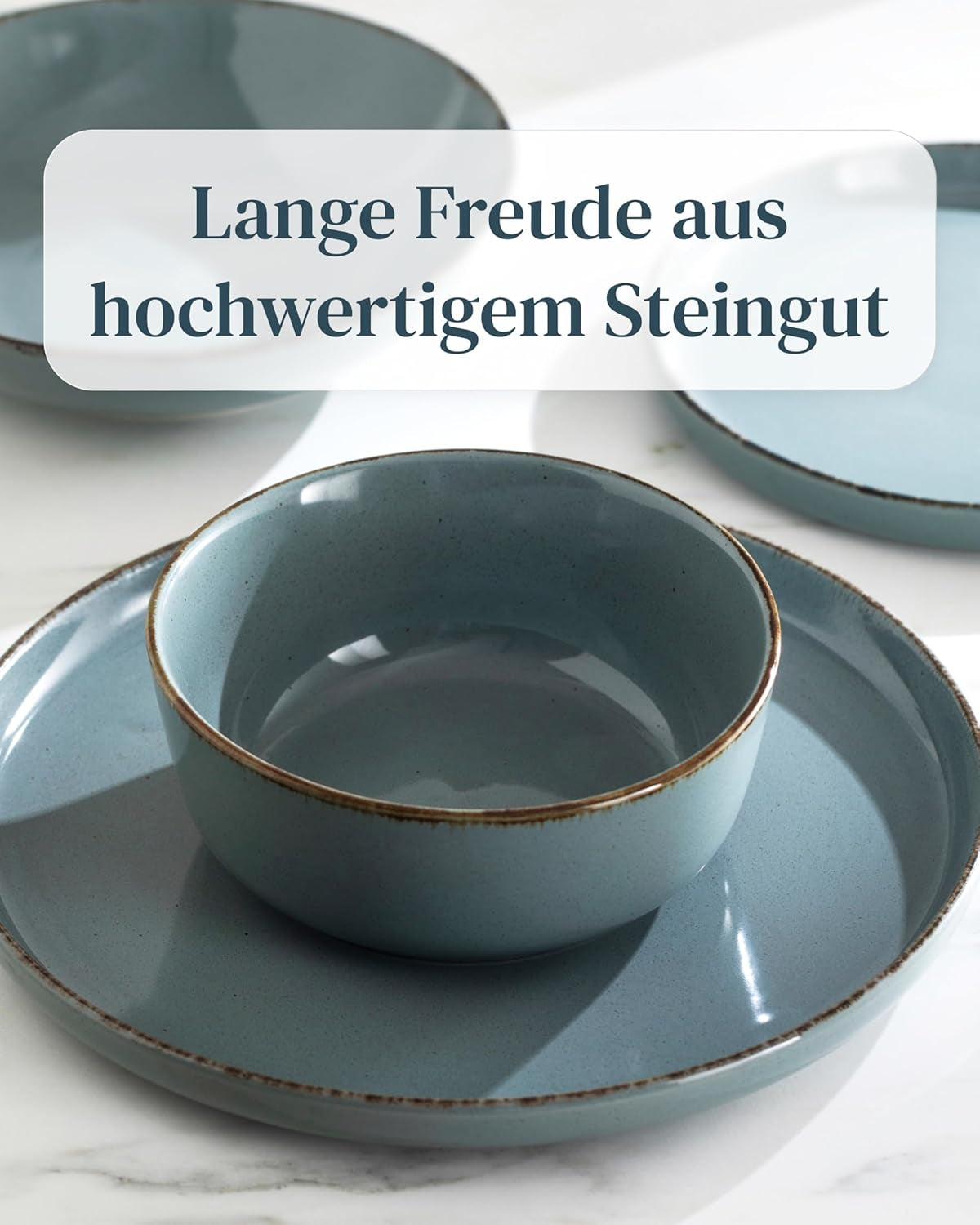 Steingut Geschirrset 12 Personen Rustik 36 tlg. TESTSIEGER, Hochwertiges Landhaussttil Steingut Geschirr Set, Schüssel- und Teller Set, Tafelservice 12 Personen, Geschirrsets Pure Living in Rauchblau