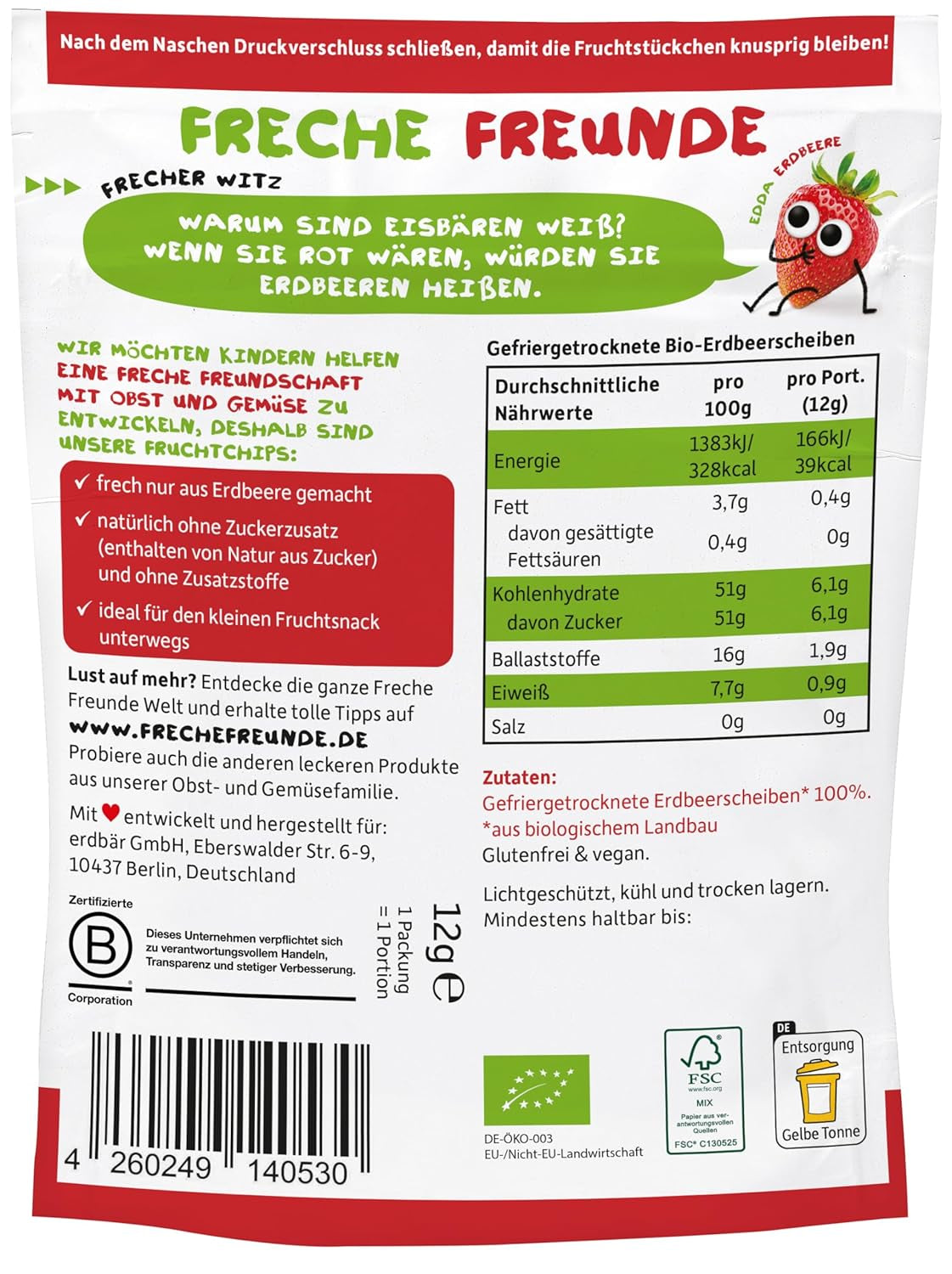 FRECHE FREUNDE Ekologiska jordgubbschips, frystorkade fruktchips, naturlig skivad torkad frukt utan tillsatt socker, vegan, laktosfri, glutenfri, paket med 12 (12 x 12g)