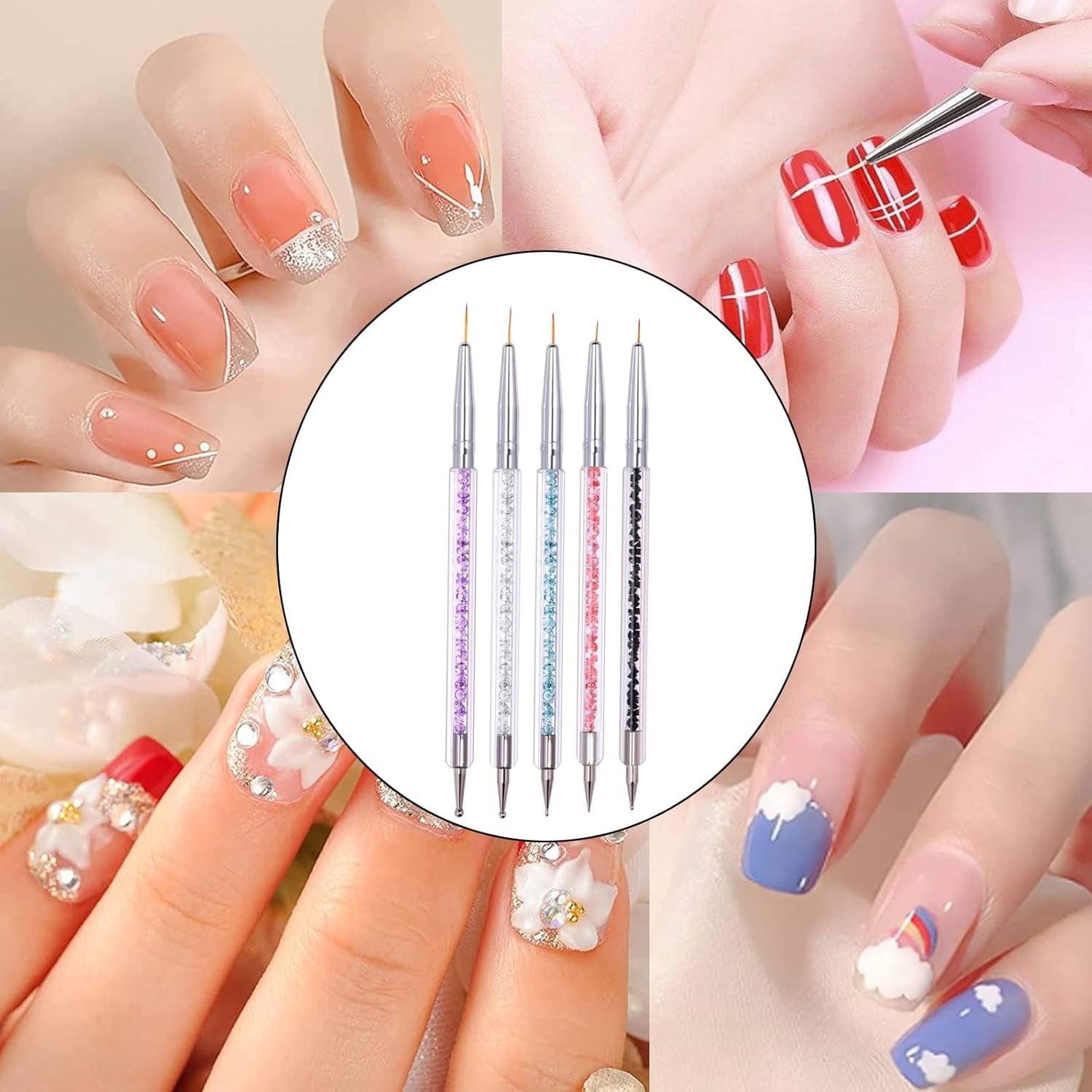 5 Stück Nagel Pinsel Set, Nageldesign Pinsel, Nail Art Dotting Tools, Dual-Ended Professional Acryl Nail Art Pen för DIY Nail Art Design
