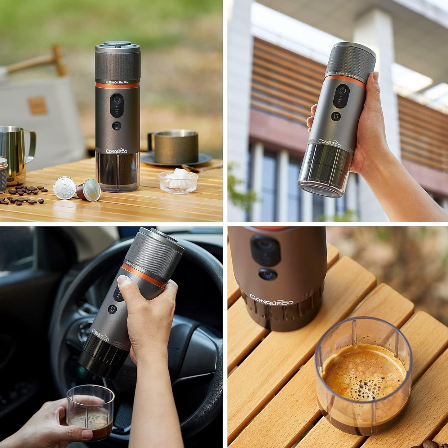 CONQUECO 12V bilespressomaskin: Bärbar espressomaskin med batteri för camping och resor - snabb uppvärmning på 2,5 minuter - 8 espressokoppar i en laddning