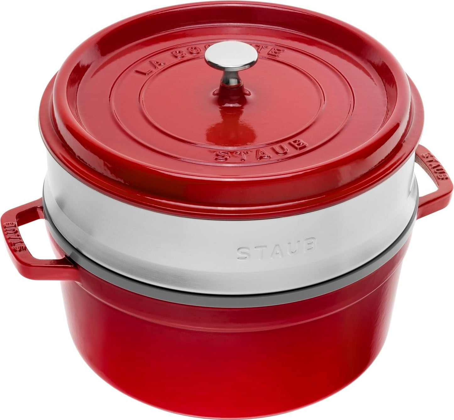 STAUB Gusseisen Bräter/Cocotte, Mit Dämpfeinsatz Aus Edelstahl, Rund 26 Cm, 5,2 L, Aromaregen Funktion Für Optimale Befeuchtung, Für Alle Herdarten Inkl. Induktion & Backofen, Kirschrot, Röta Formar och bakplåtar Naty Shop Rot