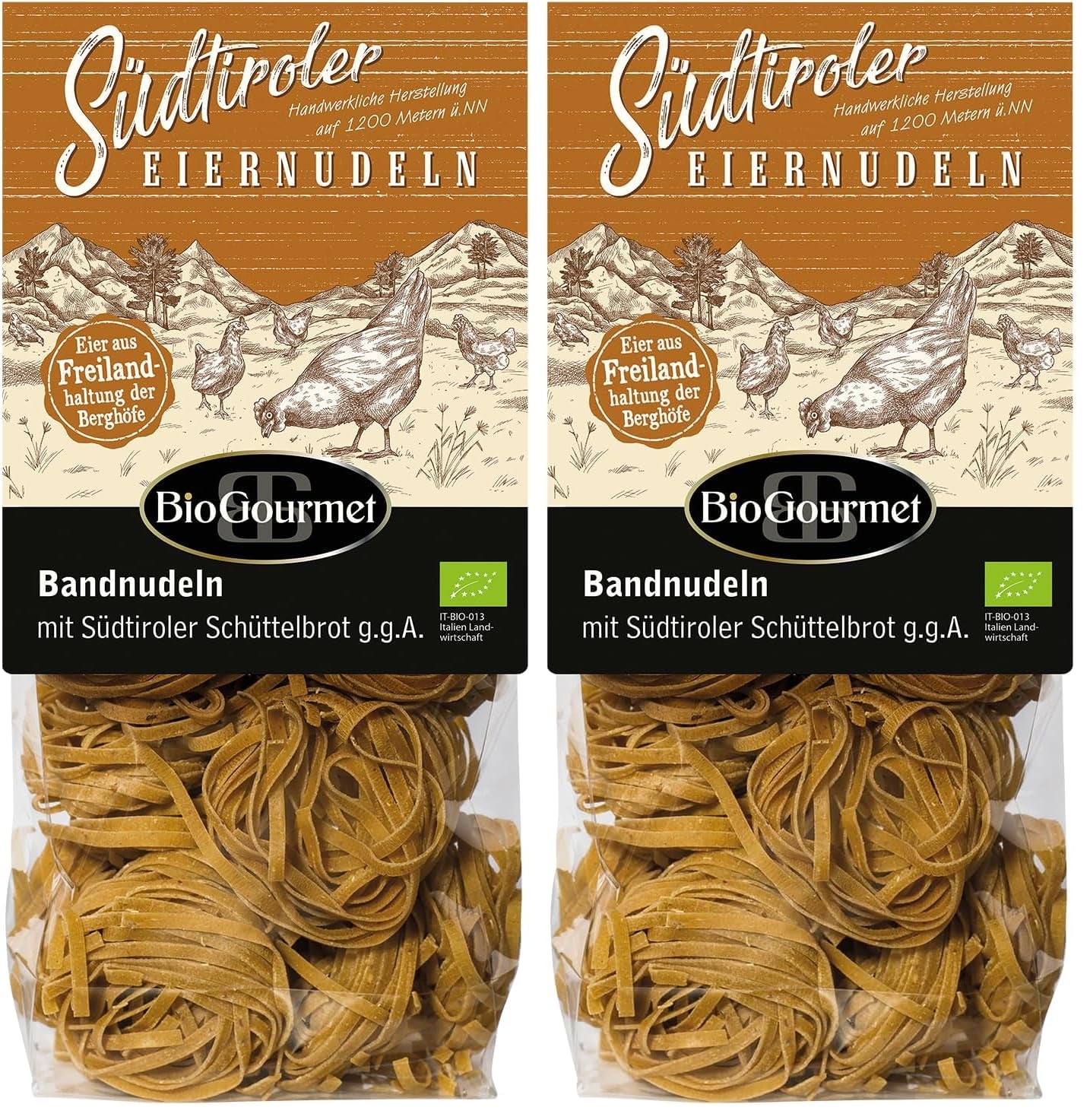 BioGourmet bandnudlar med Schüttelbrot från Sydtyrolen (SGB) | Salta och smaksatta äggnudlar med äkta prick från Sydtyrolen | 1 x 250g Bio