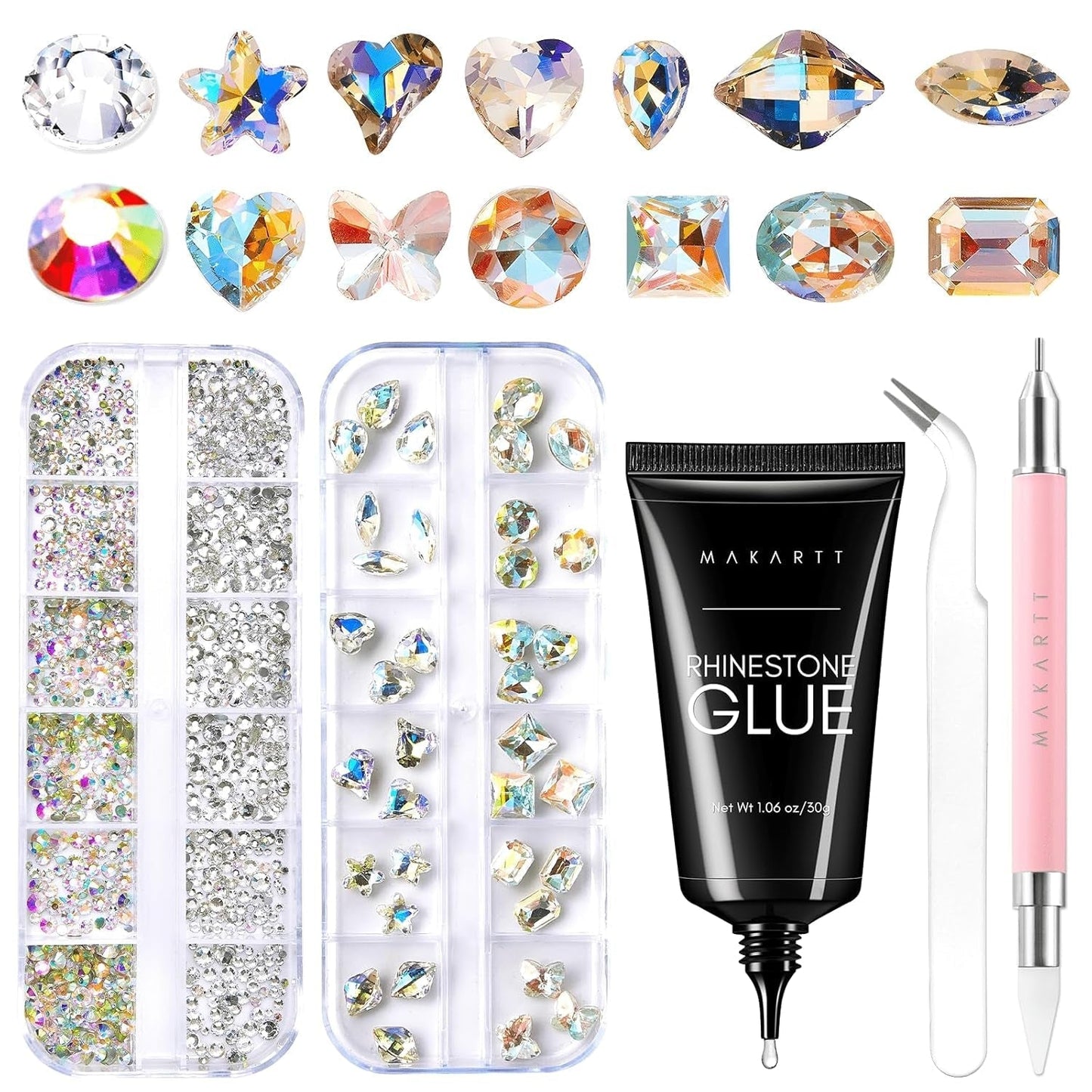 Makartt Rhinestone Adhesive Gel - 15ml UV Nagellim Set med Rosa Nail Charms Heart Circle Nail Smycken och Nageldesign Tillbehör för Hemmanikyr Alla hjärtans dag present
