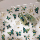 JMEOWIO 3D Nagelsticker Grün Gold Schmetterling Nail Art Sticker Selbstklebend Nagelaufkleber 5D Stereoskopisk Dekoration Nageldesign Zubehör 1 Blatt