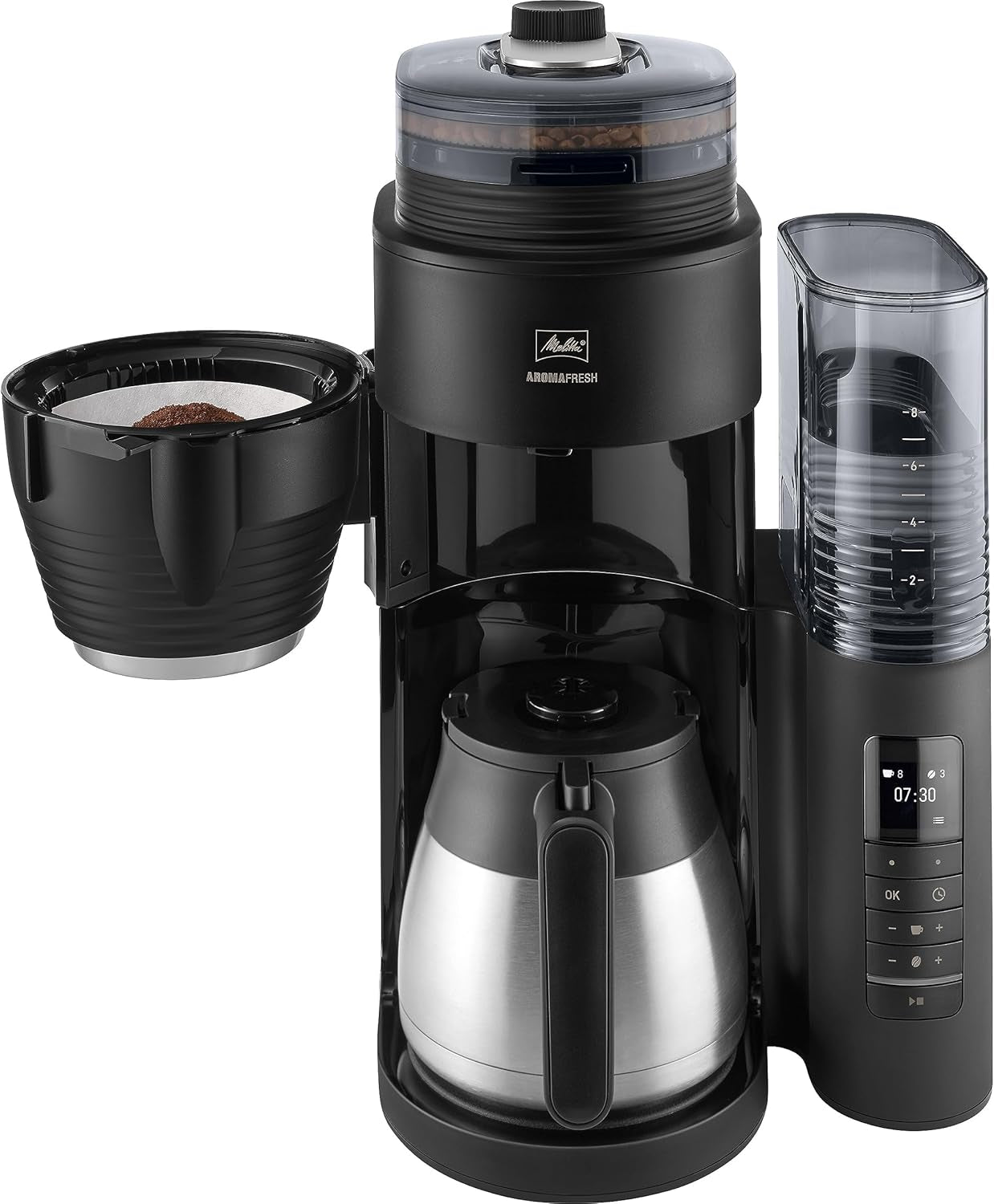 Melitta AromaFresh Therm Pro X - Espressomaskin med filter, integrerad kvarn, avtagbar vattentank, rostfri termokanna och timerfunktion, för upp till 8 koppar kaffe, svart/silver