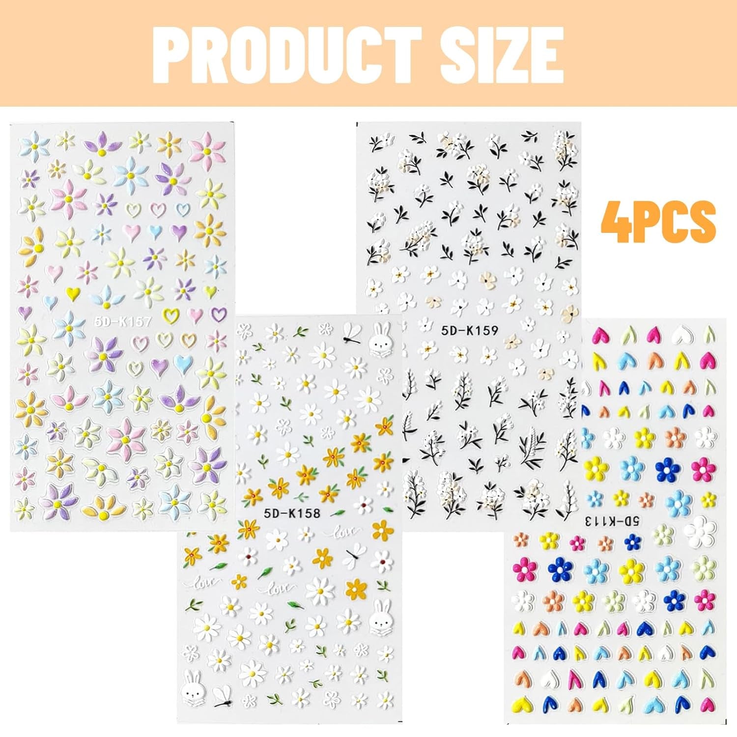 Nagelsticker Set Für Einzigartiges Nageldesign, 4 Blatt Frühlingsthemen Nail Art Zubehör, Perfekt Für 3D Gel Nägel Och UV Gel Strips
