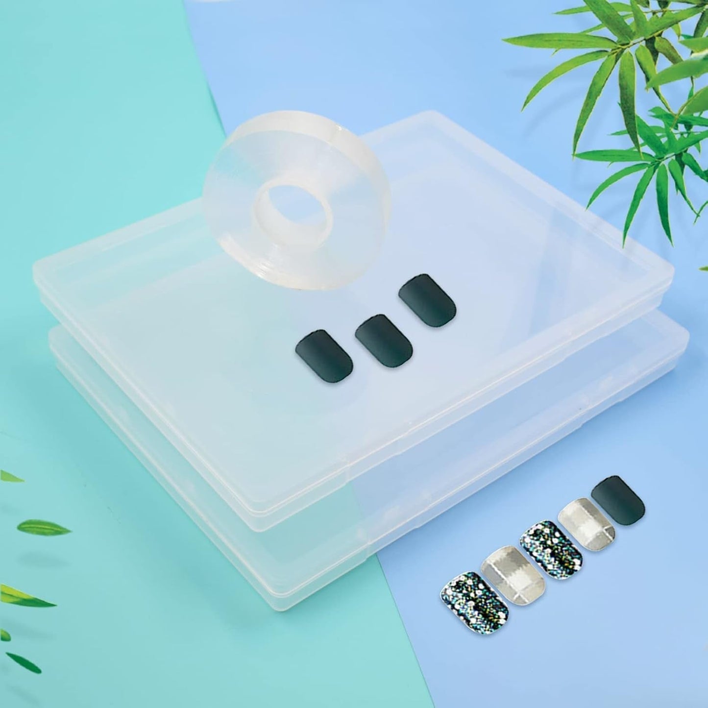 2st 30 cm dubbelhäftande tejp Konstgjorda naglar Förvaringslåda Klar rektangulär låda Plastförpackningslådor Nagelspetsar Behållare Konstgjorda naglar 21,8x15,5cm