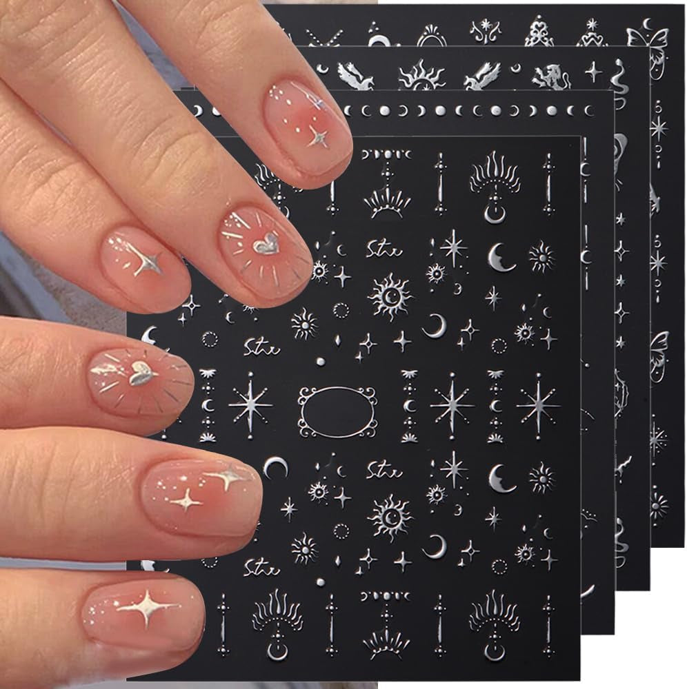 3D silvermetalliska nagelklistermärken, nagelklistermärken för kvinnor, stjärna, måne, sol, nagelfolie, självhäftande klistermärken, fjärilsnagelklistermärken, nagelklistermärken, nageldesigntillbehör, 8 st