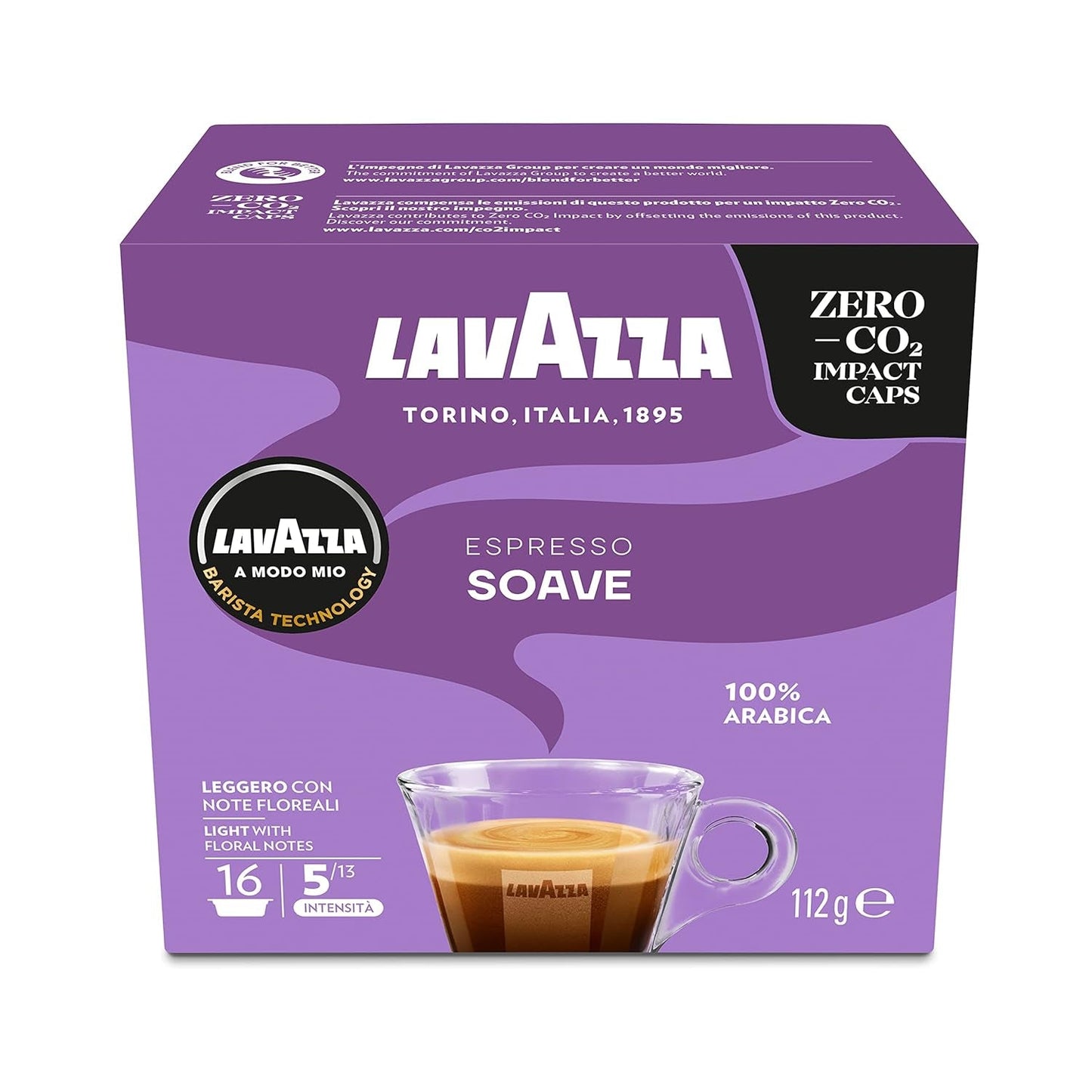 Lavazza, A Modo Mio Soave 256 Kaffeekapseln, für einen leichten och eleganten Espresso mit aromaticschen Noten von Blumen, 100% Arabica, Intensität 5/13, medium Röstung, 16 Packungen mit je 16