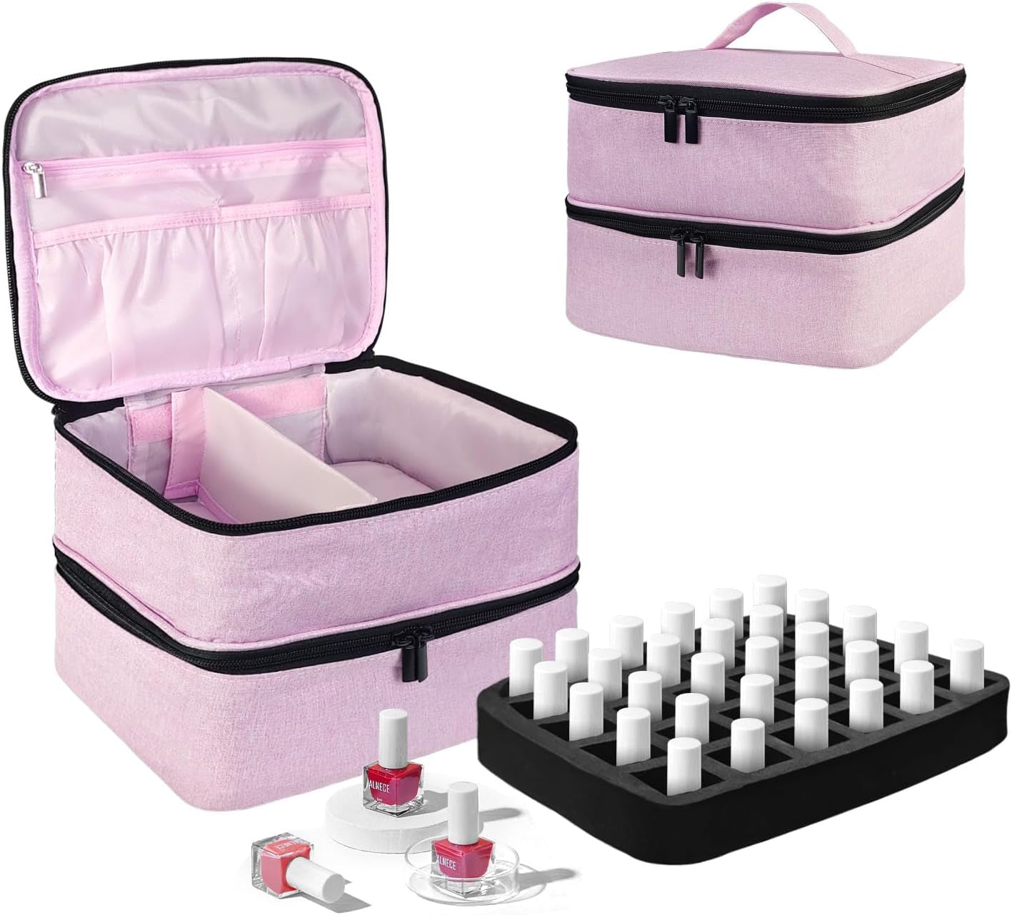 Nail Lacquer Organizer Tasche, Doppelschicht Nail Lacquer Förvaringsbox, Organizer Koffer Für Nageldesign Kosmetiktasche Für 30 Flaschen Neonail Base(15Ml-0,5 Fl.Oz) & 1 Nagellampa(Schwarz)