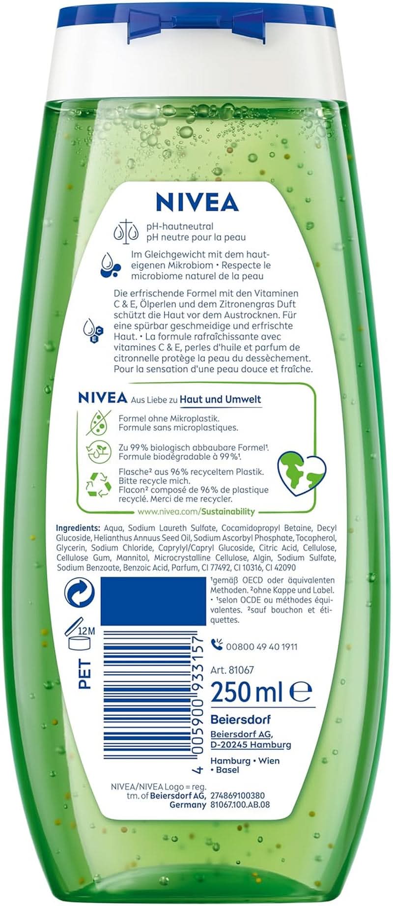 NIVEA Lemon Grass And Oil duschtvål, 250 ml dusch och bad Naty Shop