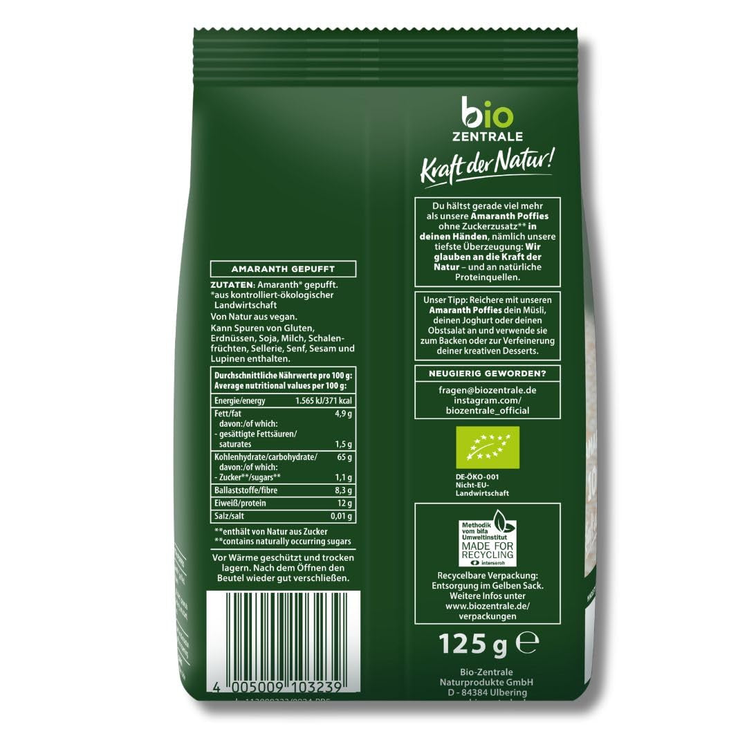 Biocentrala amarantpuffar | 125 g | vegan | små expanderade amarantkorn | proteinkälla | för müsli, yoghurt och färgglada frukostskålar