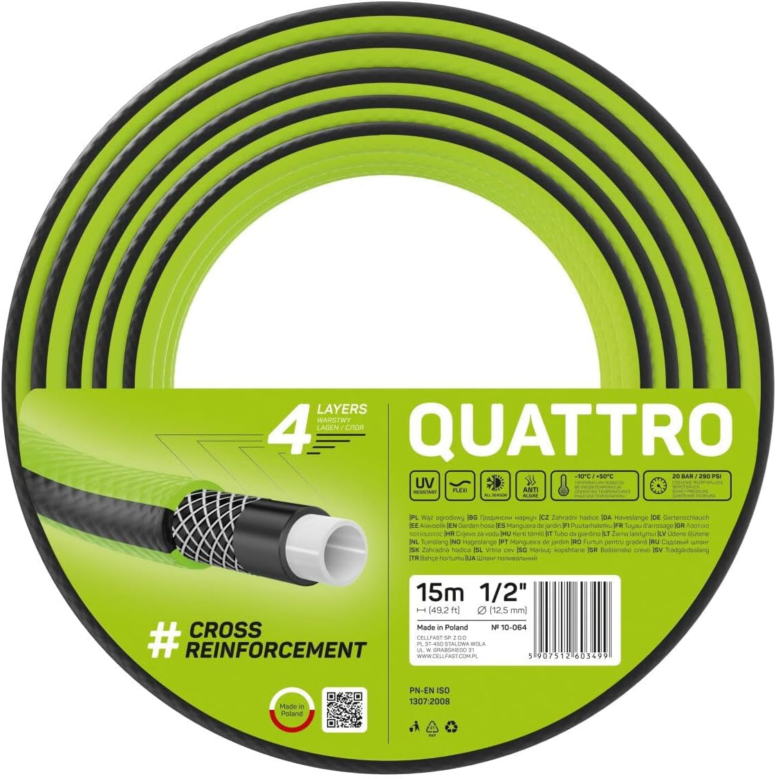 Cellfast QUATTRO trädgårdsslang, slitstark, lätt, 4-lagers, UV-beständig, trådslang, korsfläta, 20 bar, 1/2" 15m, 10-064