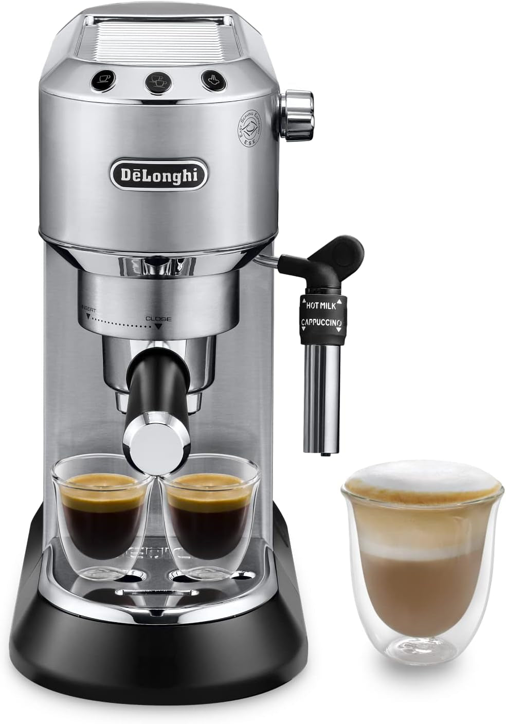De'Longhi Dedica Style EC 685.B – Espressomaskin med portafilter, espressomaskin med professionell mjölkskummare, endast 15 cm bred, för malet kaffe eller ESE-kapslar, 1 l vattentank, svart