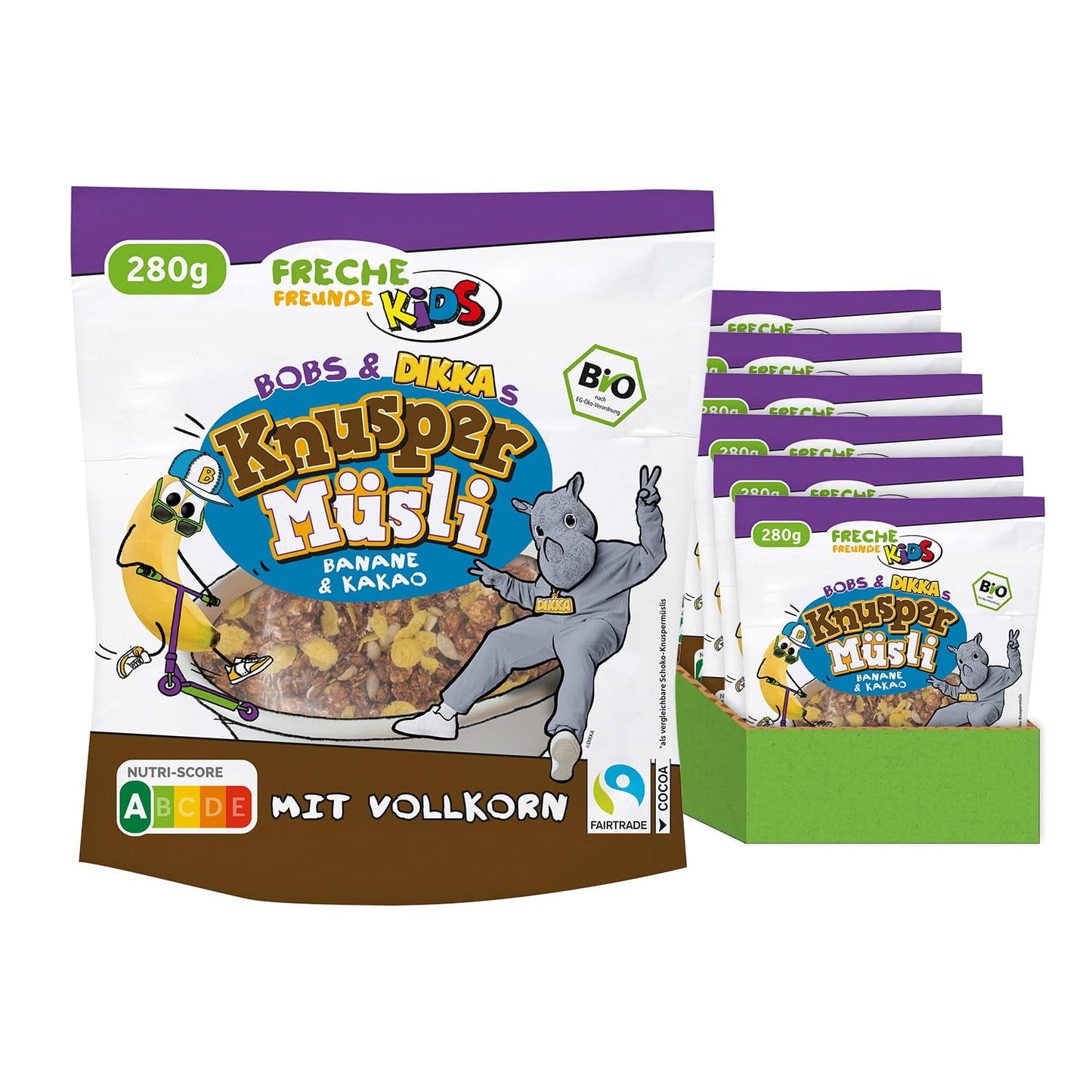 FRECHE FREUNDE KIDS, Bobs & DIKKAs Crunchy Banana Cacao Müsli, Crunchy Chocolate Müsli för barn, Lågt socker, Inga tillsatser, 100 % vegansk, 6 bitar (6 x 280 g)
