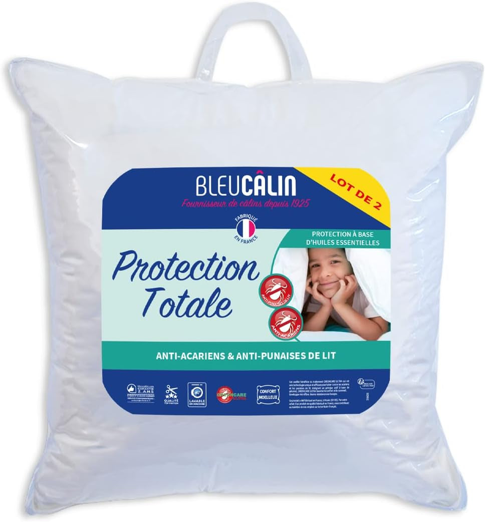 Bleu Câlin set med 2 anti-kvalster, anti-bug kuddar, fluffig komfort, 60 X 60 Cm, mikrofiberöverdrag, fullt skydd, vita Naty Shop standardkuddar