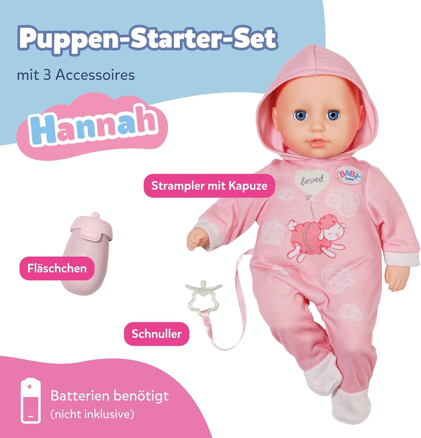 BABY Born Hannah Play with Me - Babydocka med 5 funktioner - Mjuk materialkropp inklusive tillbehör - 36 cm docka - Batteridriven - Lämplig för barn från 1 år