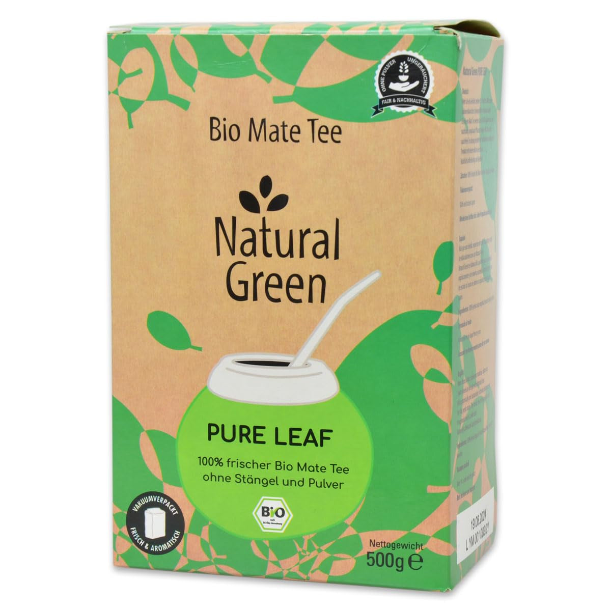 Delicatino - Naturligt grönt PURE LEAF 500G, ekologisk yerba mate stamfri, färsk och rökfri, ekologiskt odlad, vakuumförpackad för maximal fräschör