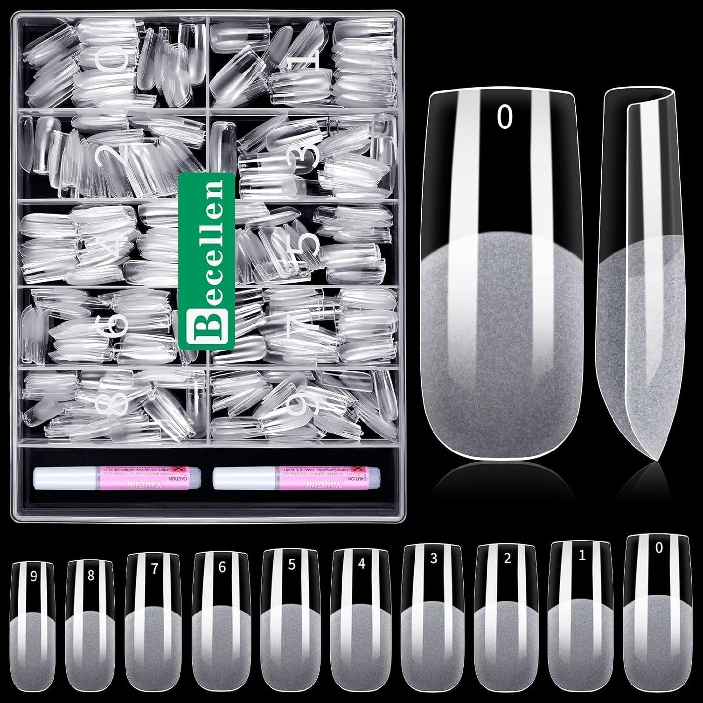 Becellen 500 st konstgjorda nagelspetsar, mjuka gelnagelspetsar, heltäckande, gelnagelspetsar, förpolerade konstgjorda naglar, DIY Nail Art limset (mandlar)