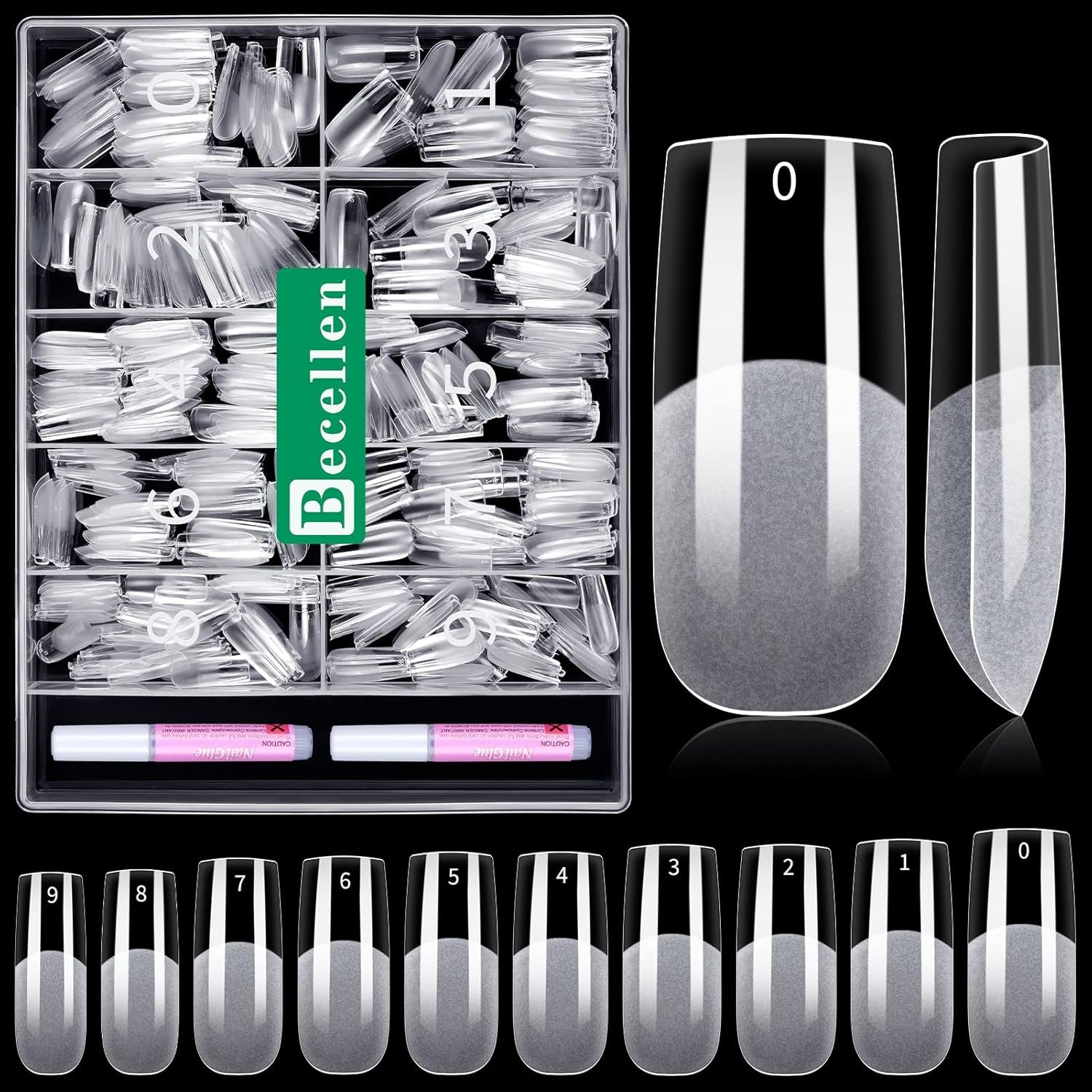 Becellen 500 st konstgjorda nagelspetsar, mjuka gelnagelspetsar, heltäckande, gelnagelspetsar, förpolerade konstgjorda naglar, DIY Nail Art limset (mandlar)