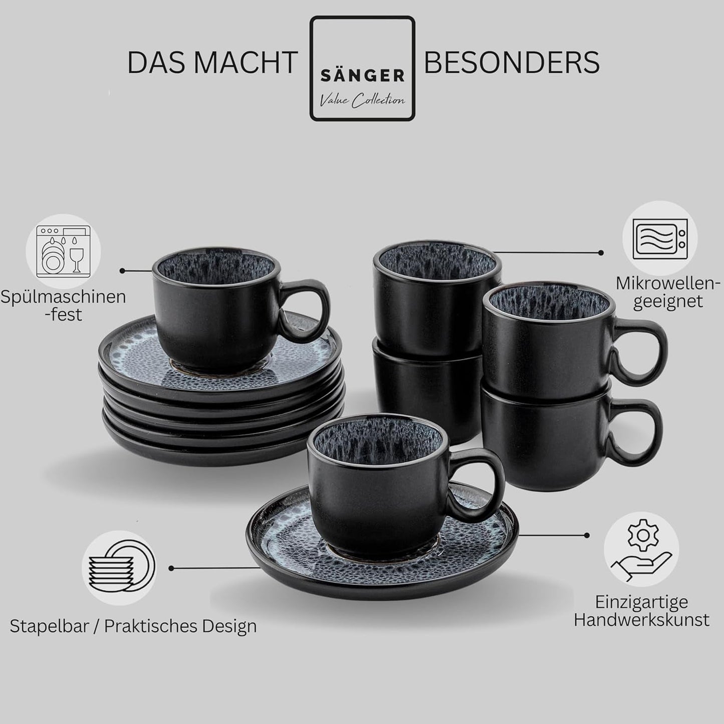 SANGER Sydney | Keramiska espressokoppar med 12 st, mockakoppar för 6, koppar och fat, diskmaskin och mikrovågssäker, mörkgrå, 80 ml | VÄRDESAMLING